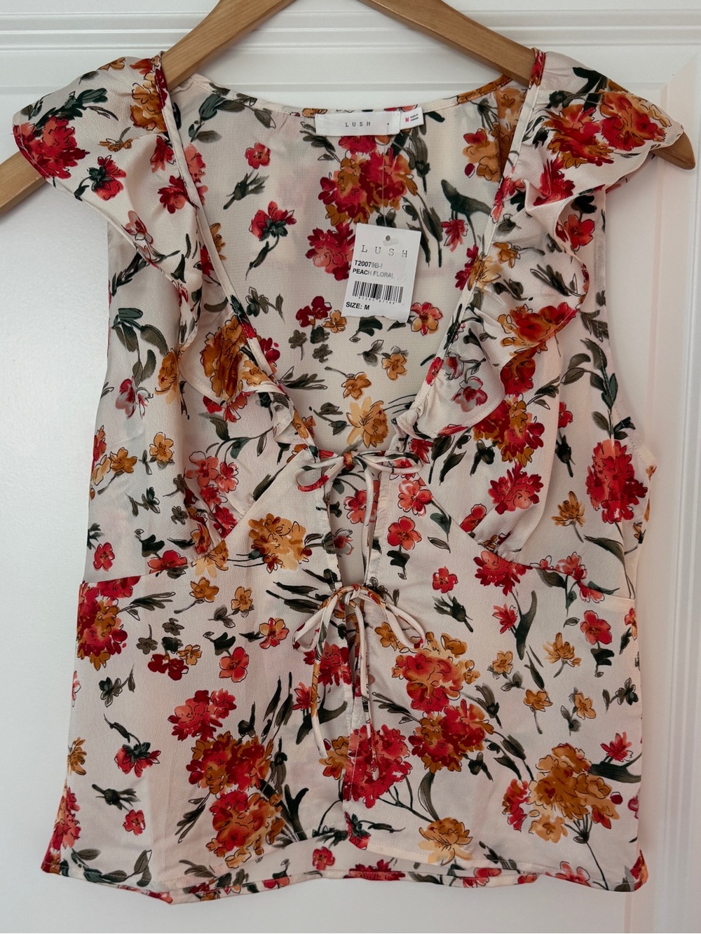 Lush Cream Floral Ruffle Tie-Front Camisole
